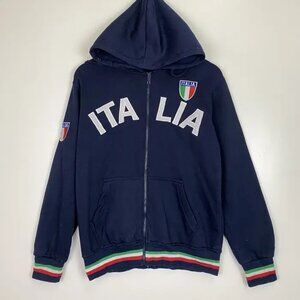 Vintage Mens Navy Blue Italia Full Zip Hooded Italy Flag Crest Sweatshirt 11/12